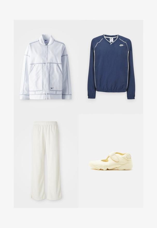 Hvid Nike jakke med lynlås fortil, høj krave, fremtrædende syninger, to frontlommer og et lille sort logo på den nederste front.; Mørkeblå Nike pullover med lange ærmer og V-hals, hvide striber langs sømmene samt elastiske manchetter og kant. Indeholder et logo på venstre side af brystet.; Cremefarvede bukser med bred ben-design, lavet af letvægtsmateriale, med lodrette striber og en elastisk talje.; Beige sportssko med tyk sål, udskæringsdesign og to justerbare velcroremme på hvid baggrund.
