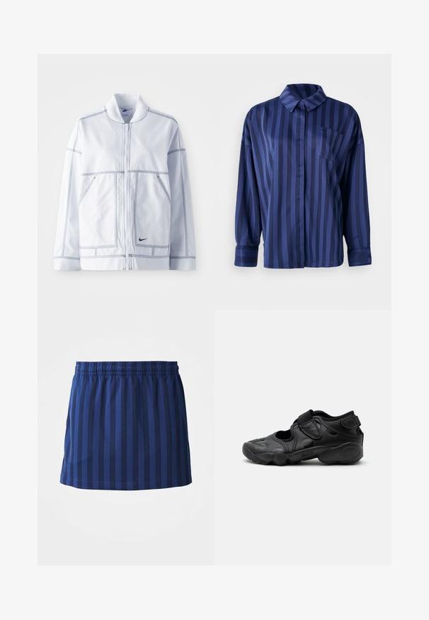Hvid Nike jakke med lynlås fortil, høj krave, fremtrædende syninger, to frontlommer og et lille sort logo på den nederste front.; Mørkeblå stribet skjorte med krave, brystlomme og lange ærmer. Lavet af et glat, skinnende stof med en løs pasform.; Mørkeblå nederdel med lodrette striber, elastisk talje, længde til midten af låret, lavet af letvægtsstof, glat tekstur.; Sort atletisk sandal med lukket tå, velcro stropper ved mellemfoden og hælen samt tyk polstret sål markeret med "AIR" på siden.