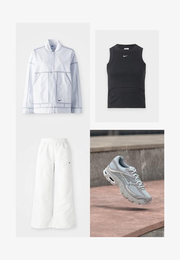 Hvid Nike jakke med lynlås fortil, høj krave, fremtrædende syninger, to frontlommer og et lille sort logo på den nederste front.; Sort ærmeløs cropped sportstop med ribbet tekstur og hvid Nike swoosh-logo på brystet.; Hvide atletiske bukser med et bredbenet design, elastisk talje og et lille sort Nike-logo på venstre side. Glat, let materiale.; Lysegrå og hvid Nike-løbesko med mesh og polstret sål, vist i luften mod en baggrund af betontrapper.