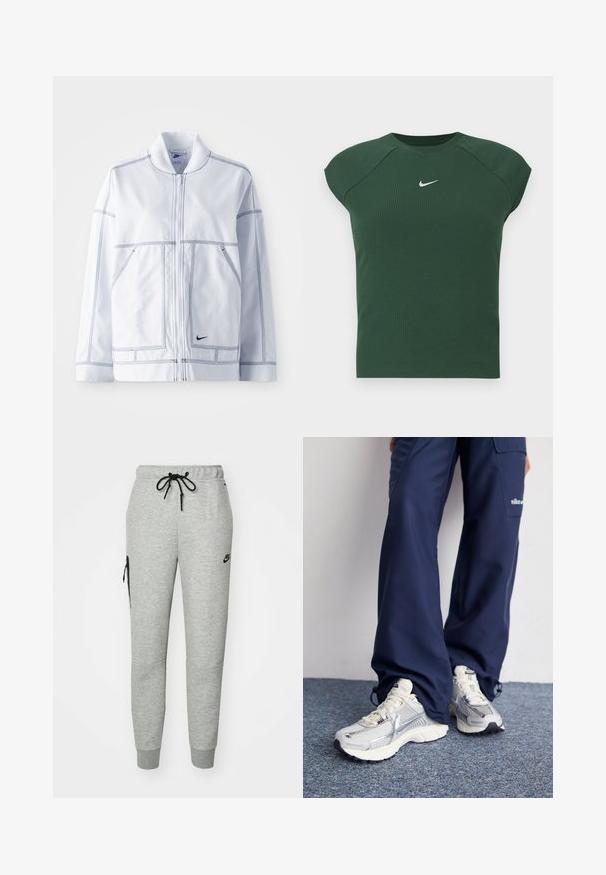 Weiße Nike-Jacke mit Reißverschluss vorne, hohem Kragen, auffälligen Nähten, zwei Fronttaschen und einem kleinen schwarzen Logo an der unteren Vorderseite.; Dunkelgrünes, geripptes, kurzärmliges Sportoberteil mit rundem Ausschnitt, das ein kleines weißes Nike-Swoosh-Logo auf der Brust trägt.; Graue Jogginghose aus weichem Material mit einem Zugbandbund, schmal zulaufenden Beinen und einer Reißverschlusstasche auf der linken Seite. Mit schwarzem Logo.; Nike Sportschuhe mit einem silbernen Mesh-Obermaterial, weißen Akzenten und strukturierten Sohlen, kombiniert mit locker sitzenden marineblauen Hosen.