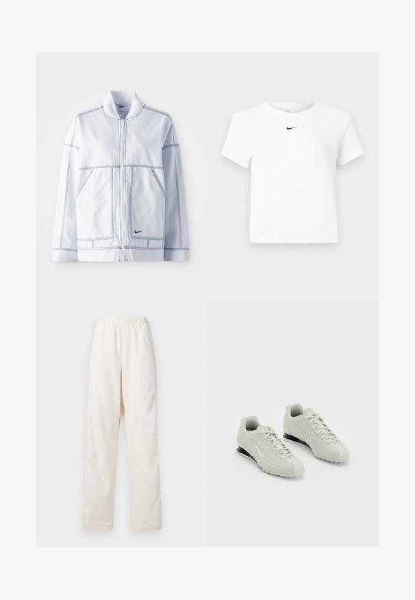 Biela bunda Nike so zipsom vpredu, vysokým golierom, výrazným prešívaním, dvoma prednými vreckami a malým čiernym logom na dolnej prednej časti.; Biele krátke tričko značky Nike s krátkym rukávom a zrezaným strihom, s malým čiernym logom Nike swoosh umiestneným pod výstrihom uprostred.; Voľné nohavice krémovej farby s elastickým pásom a rovnými nohavicami, zobrazené na bielom pozadí.; Biele tenisky Nike s textúrovaným zvrškom, s hladkým krytom priehlavku a čiernymi akcentmi na polstrovaní. Viazací štýl s vystuženou pätou.