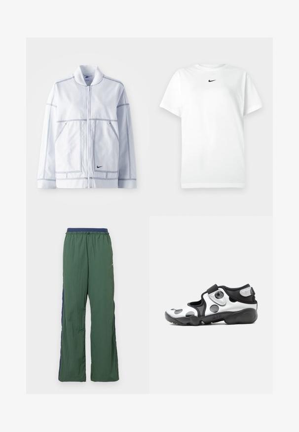 Hvid Nike jakke med lynlås fortil, høj krave, fremtrædende syninger, to frontlommer og et lille sort logo på den nederste front.; Hvid kortærmet T-shirt med rund hals, prydet med et lille sort Nike swoosh-logo centreret under halsudskæringen.; Grønne atletikbukser med bred benstil, der har en marineblå linning og sidelæg, lavet af let, tekstureret stof.; Sort/hvid slip-on sportssko med store polkaprikker, justerbar rem og tyk polstret sål markeret med "AIR".