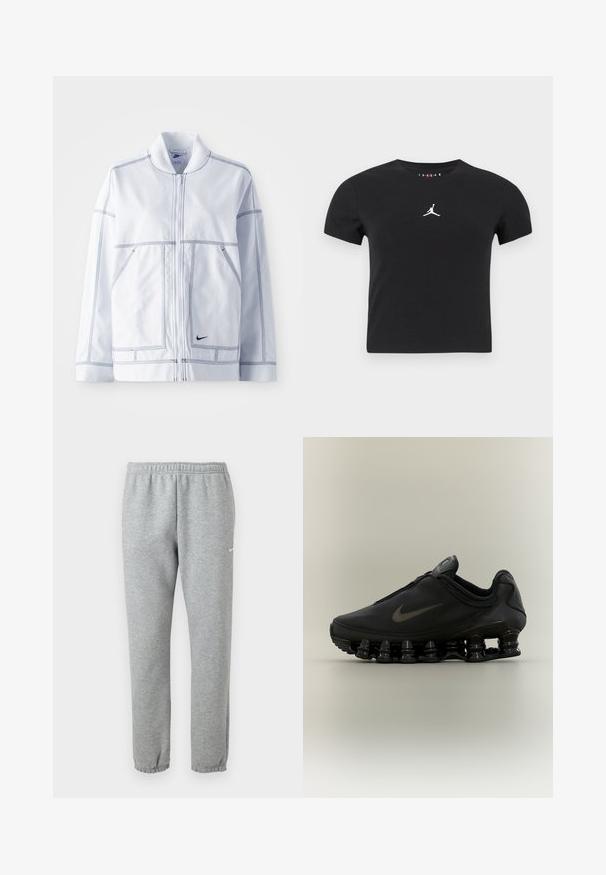 Biela bunda Nike so zipsom vpredu, vysokým golierom, výrazným prešívaním, dvoma prednými vreckami a malým čiernym logom na dolnej prednej časti.; Čierne tričko s krátkym rukávom a skráteným strihom s bielym logom Jumpman umiestneným na hrudníku na jednofarebnom pozadí.; Svetlošedé tepláky Nike s elastickým pásom a manžetami, malý biely Nike swoosh logo na hornej ľavej stehne.; Čierna teniska Nike so zipsom na hornej časti a výraznou pružinovou podrážkou v oddelených segmentoch, zobrazená z profilu na neutrálnom pozadí.