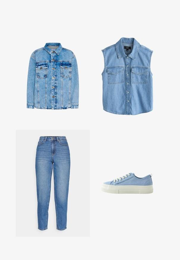 Lyseblå denimjakke med klassisk krave, for-trykknapper, to brystlommer og strukturerede sømme. Har en fadet overflade og justerbare manchetter.; Ærmeløs lyseblå denimskjorte med krave, trykknapper foran og to brystlommer med klap.; Blå denimjeans med høj talje, lige ben og subtil falming. Klassisk fem-lommet design med knaplukning.; Lyseblå lav sneakers i lærred med hvid tyk gummisål og hvide snørebånd, set fra ydersiden.