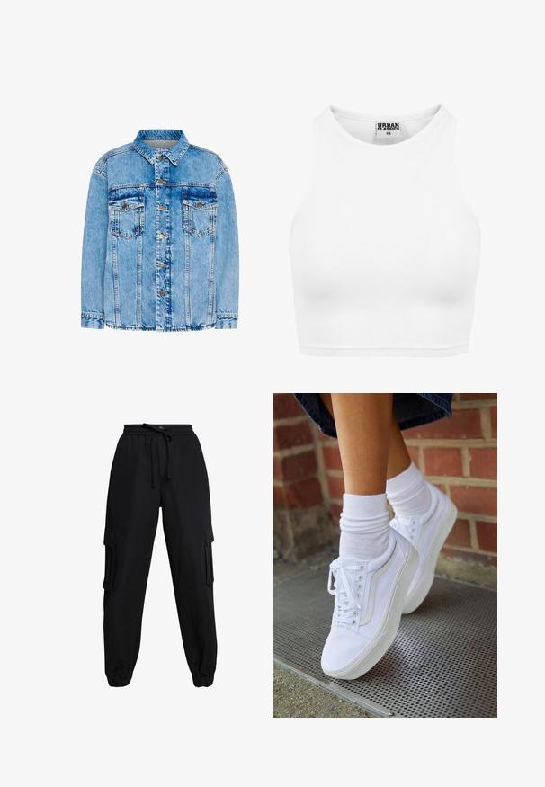 Lyseblå denimjakke med klassisk krave, for-trykknapper, to brystlommer og strukturerede sømme. Har en fadet overflade og justerbare manchetter.; Hvid ribbet cropped tanktop med høj halsudskæring og "Urban Classics XS" label inde i kraven.; Sorte cargo-bukser lavet af letvægtsstof, med elastisk talje, snøre og sidelommer. Manchetter ved anklerne fuldender designet.; Hvide lærreds sneakers med gummisåler, der har seks snørehuller, rund tå og let sømdetaljer, krydret med hvide ankelstrømper.