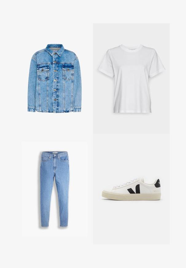 Lyseblå denimjakke med klassisk krave, for-trykknapper, to brystlommer og strukturerede sømme. Har en fadet overflade og justerbare manchetter.; Hvid bomulds T-shirt med korte ærmer, rund hals og en afslappet pasform. Glat tekstur, uden mønstre eller grafik, enkel design.; Lyseblå high-waist slim-fit jeans med for- og baglommer, knaplukning og bæltestropper på en hvid baggrund.; Hvide lædersneakers med sort gummiv V-logo. Tekstureret off-white sål, hvide snørebånd og bagside med brandnavn i sort.