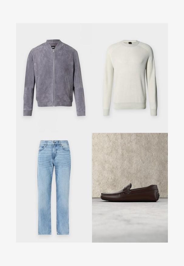Blouson aviateur en daim gris avec fermeture éclair frontale, col, poignets et ceinture côtelés, doté de poches latérales et d'une étiquette BOSS à l'intérieur du col.; Pull à col rond manches longues couleur écru avec poignets, ourlet et col côtelés sur fond uni.; Jean denim bleu clair droit avec poches avant, passants pour ceinture, bouton et fermeture éclair.; Mocassins en cuir marron avec une finition lisse, des coutures de style mocassin, un bout rehaussé et une semelle en caoutchouc basse et flexible.