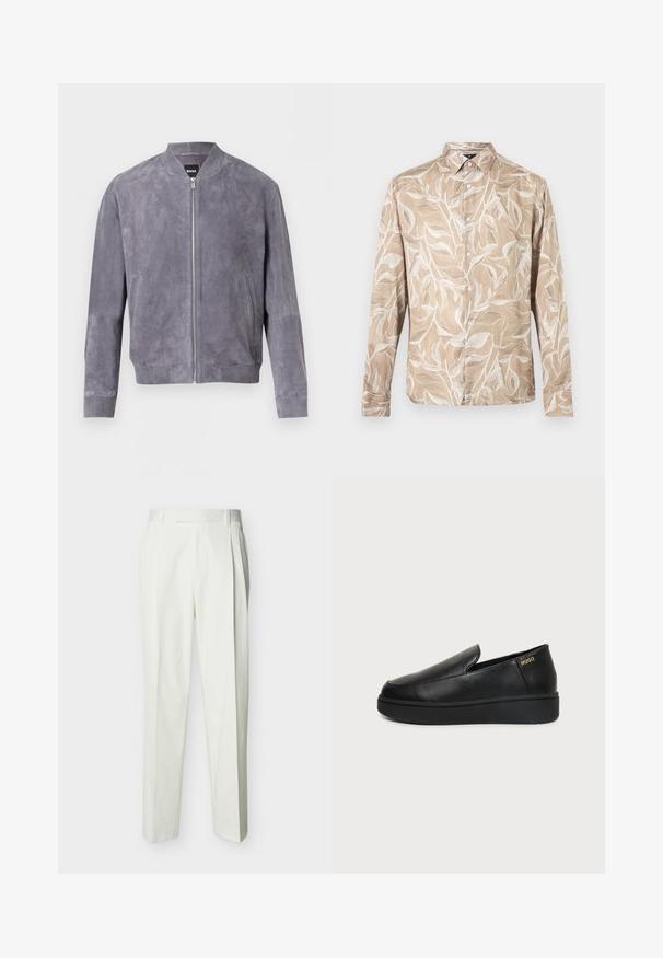 Blouson aviateur en daim gris avec fermeture éclair frontale, col, poignets et ceinture côtelés, doté de poches latérales et d'une étiquette BOSS à l'intérieur du col.; Chemise beige à manches longues avec boutons sur le devant, motif de vigne feuillue blanche et col pointu.; Pantalon blanc ajusté taille haute avec passants de ceinture et plis sur le devant, présenté sur un fond uni.; Chaussure noire en cuir à enfiler avec semelle épaisse et petits trous de ventilation latéraux, avec un logo doré "HUGO" près du talon.