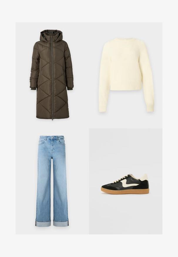 Pufferjakke i olivengrøn med hætte, lynlåslukning, to for- og to baglommer samt et quiltet diamantmønster. Stoffet ser glat og blødt ud.; Kremfarvet, kort sweater lavet af blødt, fluffy materiale med lange ærmer, ribbede manchetter og rund halsudskæring.; Lyseblå, vide jeans i klassisk denim med høj talje, prydet med opbrettede kanter og synlig søm.; Sorte ruskinds- og lædersneakers med en cremefarvet side-swoosh og lys cremefarvet hæl. Har beige snørebånd og en gummirubber-sål.