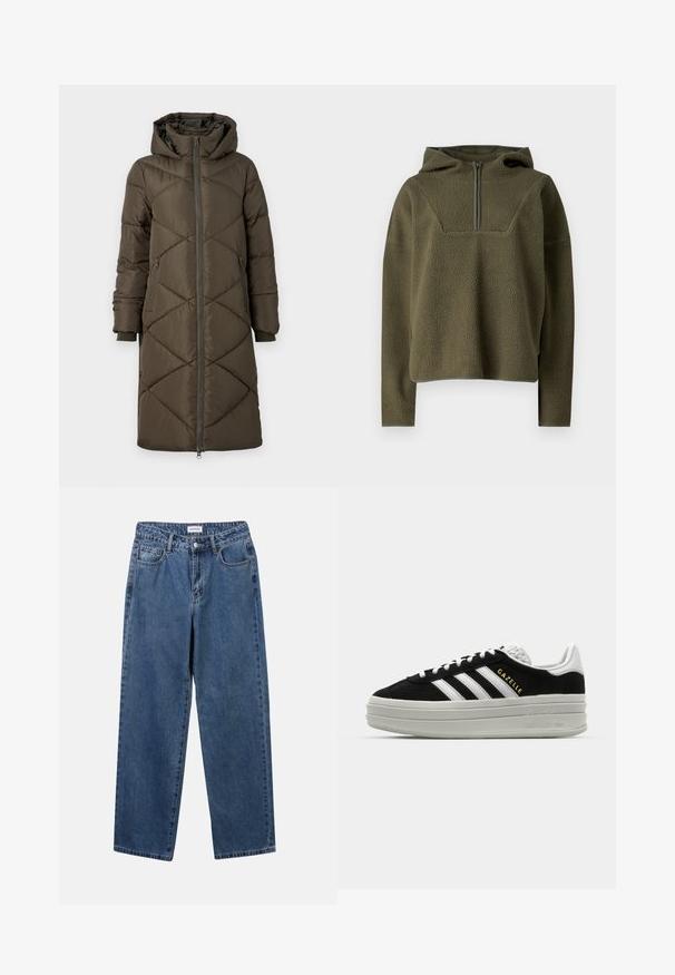 Puffer-takki oliivinvihreänä, jossa on huppu, vetoketjusuljenta, kaksi etutaskua ja tikattu timanttimalli. Kangas näyttää sileältä ja pehmeältä.; Oliivivärinen fleece-pullover hupulla, puoliväli-vetoketjulla, teksturoitua kangasta ja kontrastiväriset reunat helmassa ja hihoissa.; Classiset siniset farkut suoran lahkeen muotoilulla, viidellä taskulla ja napillakaan. Ominaisuudet: keskivahva pesu ja kestävä rakenne.; Musta samettinen lenkkari valkoisilla nahkaosilla, kolme valkoista raitaa, tasaiset nauhat ja paksu harmaa alustapohja. Kultainen "Gazelle" -brändäys.