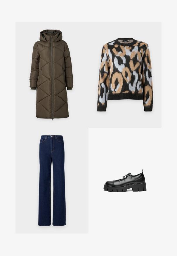Pufferjakke i olivengrøn med hætte, lynlåslukning, to for- og to baglommer samt et quiltet diamantmønster. Stoffet ser glat og blødt ud.; Sweater med leopardmønster, rund halsudskæring, lange ærmer og en blanding af sorte, brune og lyseblå farver med struktureret strikstof.; Mørkeblå denim jeans med høj talje, bred benudskæring og klassisk fem-pocket design. Afsluttet med kontrastsyning og en metalknap.; Sorte læder snørebåndssko med rund tå, kraftig platåsål og dekorativ syning langs kanten.