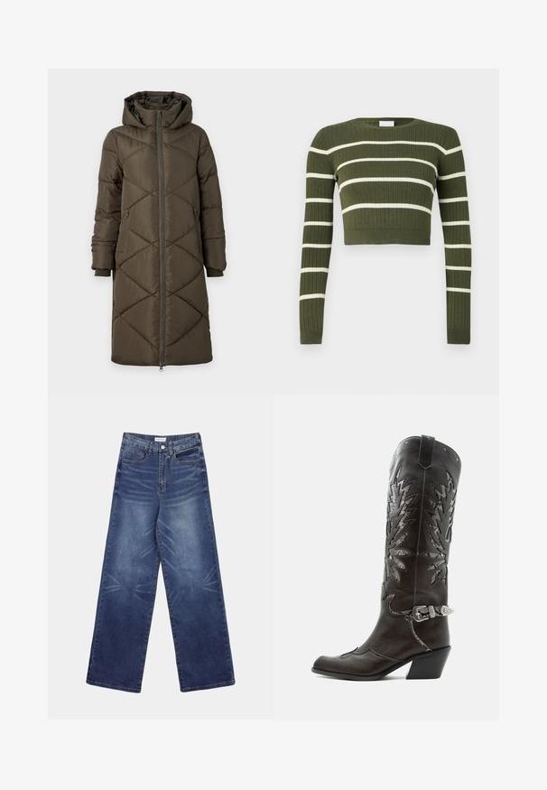 Pufferjakke i olivengrøn med hætte, lynlåslukning, to for- og to baglommer samt et quiltet diamantmønster. Stoffet ser glat og blødt ud.; Olivengrøn ribbet cropped sweater med hvide horisontale striber, rund halsudskæring og lange ærmer. Tekstureret stof med tætsiddende design.; Vidbenede denimjeans i mørkeblå, med høj talje, tydelige falmninger foran og klassisk femlomme-design.; Sort læder cowboystøvle med dekorative udskæringer, sølvspænde og skrå hæl, vist på hvid baggrund.