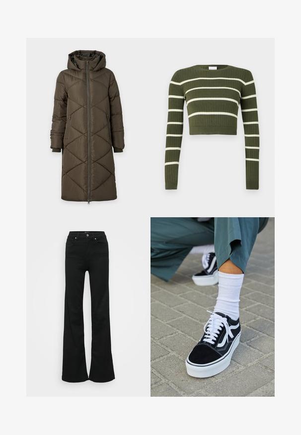 Pufferjack in olijfgroen, voorzien van een capuchon, ritssluiting, twee voorkruiszakken en een gedessineerd ruitpatroon. De stof lijkt soepel en zacht.; Olijfgroene geribbelde crop sweater met witte horizontale strepen, ronde halslijn en lange mouwen. Structuurstof met aangesloten ontwerp.; Zwarte wijde jeans gemaakt van denim, met een hoge taille, vijf zakken en een metalen knoopsluiting. Gladde textuur met minimale detailing.; Zwarte suède sneaker met witte accenten en veters, uitgerust met een dikke witte zool en contrasterende stiksels, gecombineerd met een witte sok.
