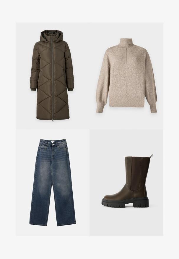 Abrigo de pluma en verde oliva, con capucha, cierre de cremallera, dos bolsillos frontales y un patrón de rombos acolchados. La tela parece suave y lisa.; Vero Moda VMDOFFY - Jersey de punto - sepia tint; Vaqueros de hombre de tiro alto en denim azul, con pernera ancha, botón y cremallera frontales, y bolsillos delanteros y traseros.; Botín de cuero marrón de tobillo con paneles laterales elásticos, suela de goma negra gruesa y un lazo para facilitar su uso. Textura suave y diseño moderno.