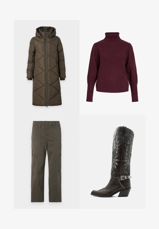 Pufferjakke i olivengrøn med hætte, lynlåslukning, to for- og to baglommer samt et quiltet diamantmønster. Stoffet ser glat og blødt ud.; Bordeaux turtleneck sweater lavet af ribstrikket stof, med lange ærmer og en afslappet pasform med tætsiddende manchetter og en høj krave.; Good American CROPPED PANTS - Cargobukser - fatigue; Sort læder cowboystøvle med dekorative udskæringer, sølvspænde og skrå hæl, vist på hvid baggrund.