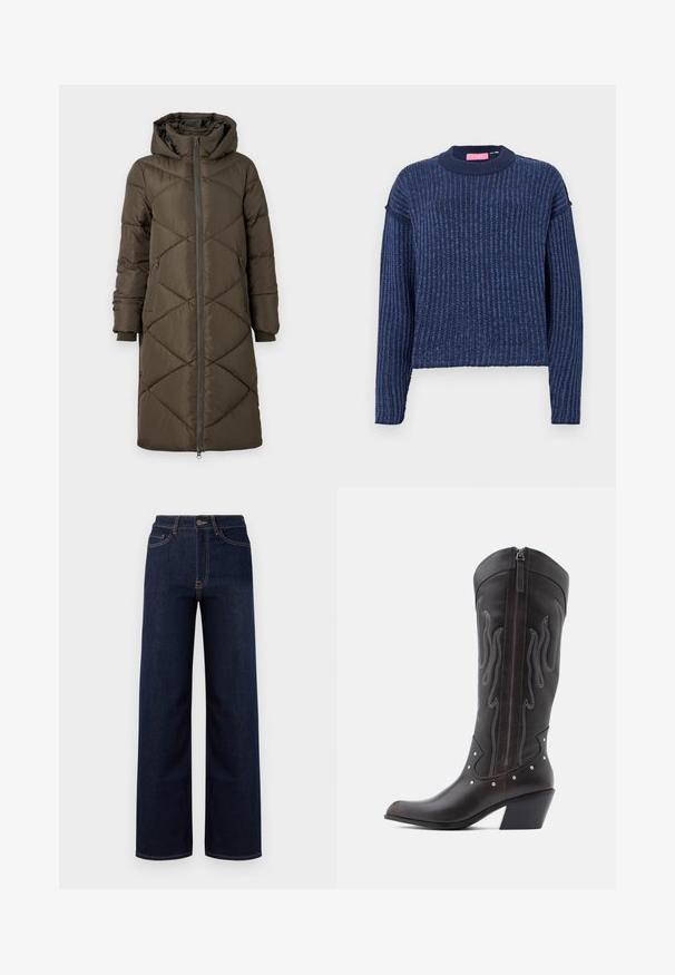 Pufferjakke i olivengrøn med hætte, lynlåslukning, to for- og to baglommer samt et quiltet diamantmønster. Stoffet ser glat og blødt ud.; Marineblå, strikket sweater med ribbet tekstur, lange ærmer og rund halsudskæring. Har en subtil farvevariation gennem hele materialet.; Mørkeblå bredbenede jeans lavet af denim, med høj talje, fire lommer og kontrastfarvet syninger langs sømmene.; Brune læder cowboystøvler med flammebroderi, sidelukning med lynlås, sølvnitter, spids snude og lagdelt hæl.