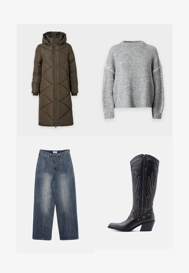 Doudoune en vert olive, avec capuche, fermeture éclaire, deux poches avant et un motif en losanges matelassé. Le tissu semble lisse et doux.; JDY Knitted JDYZOEY Knitted - Pullover - light grey melange; Jean denim bleu à jambes larges avec un lavage délavé, présentant des coutures verticales, une taille haute et une fermeture classique par bouton.; Bottes de cow-boy en cuir noir avec bout pointu, coutures apparentes, ornements à clous argentés et fermeture éclair sur le côté intérieur.
