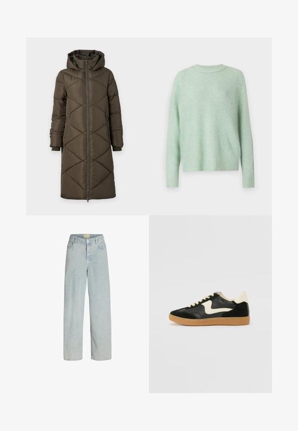 Pufferjakke i olivengrøn med hætte, lynlåslukning, to for- og to baglommer samt et quiltet diamantmønster. Stoffet ser glat og blødt ud.; American Eagle CLASSIC CREW SHAKER - Striktrøje - turquoise; Lyseblå denim brede bukser med høj talje, frontlommer og knaplukning. Stof i en blød, let tekstureret udseende.; Sorte ruskinds- og lædersneakers med en cremefarvet side-swoosh og lys cremefarvet hæl. Har beige snørebånd og en gummirubber-sål.