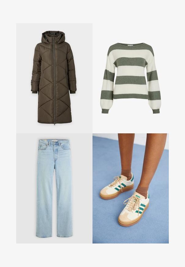 Pufferjakke i olivengrøn med hætte, lynlåslukning, to for- og to baglommer samt et quiltet diamantmønster. Stoffet ser glat og blødt ud.; Grøn- og hvidstribet sweater med en afslappet pasform, brede ærmer og ribstrikkede manchetter. Lavet af blødt, tekstureret strikmateriale.; Lysblå denim jeans med lige ben, der har fem lommer, en klassisk lynlås og synlige stikninger.; Beige sneakers med mørkegrønne striber, gummisål, overdel i ruskind og tekstil samt neutralt hardware, parret med brune sokker på en lyseblå overflade.
