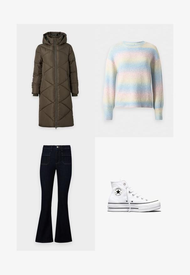 Pufferjakke i olivengrøn med hætte, lynlåslukning, to for- og to baglommer samt et quiltet diamantmønster. Stoffet ser glat og blødt ud.; Pastel stribet sweater lavet af blød, struktureret stof. Har en rund hals og ribbede manchetter, der viser farverne blå, pink og gul.; Mørkeblå outfitted jeans med høj talje, lavet af denim, med to baglommer og kontraststing langs sømmene.; Hvid højtop Converse Chuck Taylor All Star-sneaker med sort logo-patch og hvide snørebånd, vist på hvid baggrund.