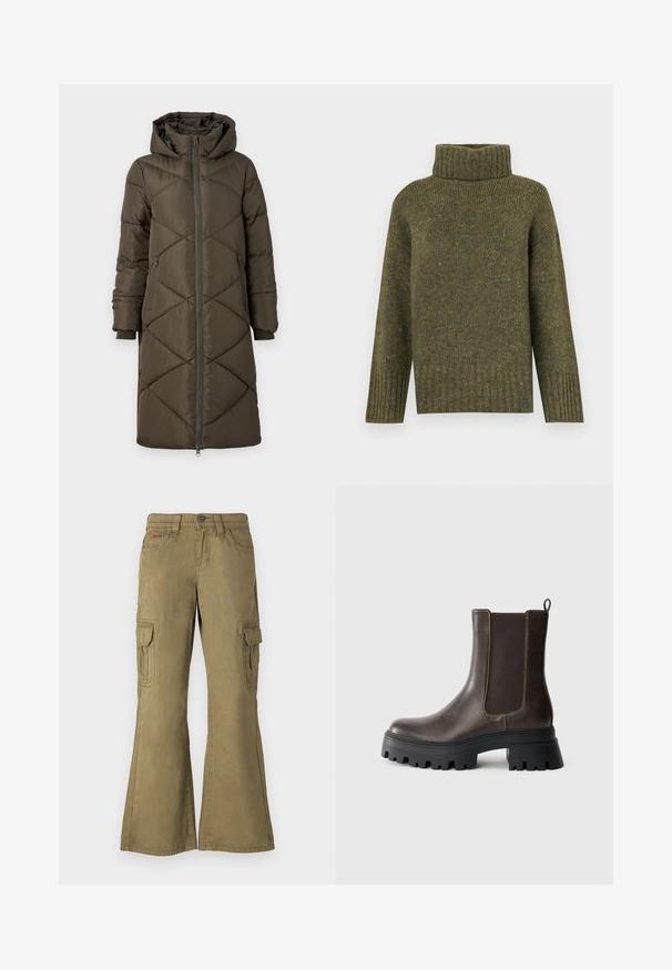 Olive roheline puhvjakas, millel on kapuuts, tõmblukk, kaks esipocketit ja brodeeritud rombikujuline muster. Kanga pind tundub sile ja pehme.; Vero Moda Knitted VMINGRID Knitted - Džemper - grape leaf; Olive roheline cargo püksid, valmistatud puuvillast. Omadusteks on laiad sääred, mitmed küljetaskud ja nupuga sulgemine vööl.; Pruuni nahast pahkluu saapad elastsete külgpaneelidega, jäme must kummist tallaga, tõstetud konts ja kontrastsete tikandite detailid.