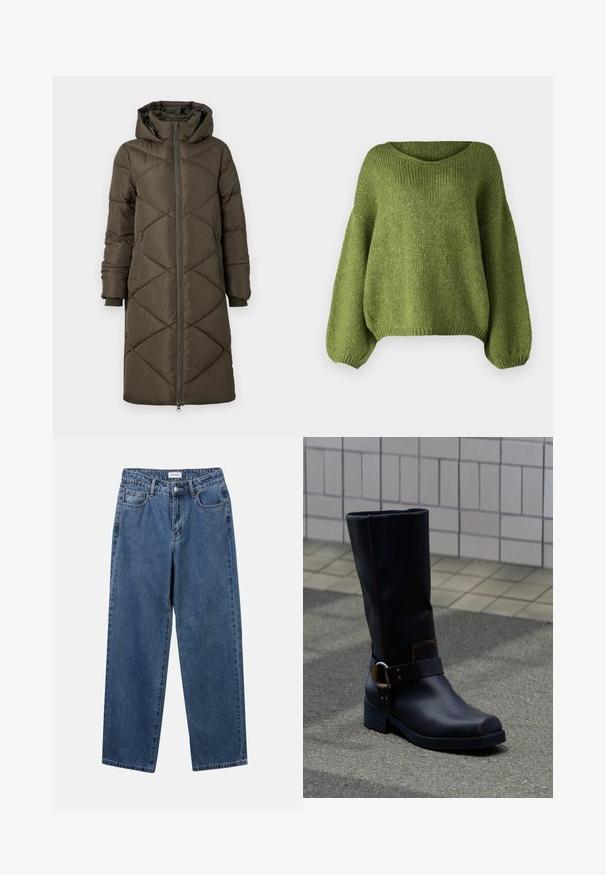Olive roheline puhvjakas, millel on kapuuts, tõmblukk, kaks esipocketit ja brodeeritud rombikujuline muster. Kanga pind tundub sile ja pehme.; JDY Knitted JDYDINEA Knitted - Džemper - fern; Klassikalised sinised denimists teksad otsejalaga disainiga, viie taskuga ja nööbisuletusega. Omab keskmist pesu ja tugevat tekstuuri.; Must nahapolvesaapahv madala kontsa ja dekoratiivse rihmaga metallist pandlaga, seisab hallil sillutatud pinnal plaatidest seina lähedal.