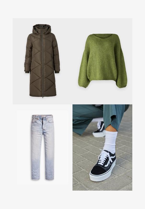 Pufferjack in olijfgroen, voorzien van een capuchon, ritssluiting, twee voorkruiszakken en een gedessineerd ruitpatroon. De stof lijkt soepel en zacht.; JDY JDYDINEA L/S REVERSIBLE PULLOV. KNT NOOS - Trui - fern; Lichtblauwe denim jeans met een straight leg ontwerp, voorzien van een knoopgulp, vijf zakken en subtiele vervaging langs de benen.; Zwarte suède sneaker met witte accenten en veters, uitgerust met een dikke witte zool en contrasterende stiksels, gecombineerd met een witte sok.
