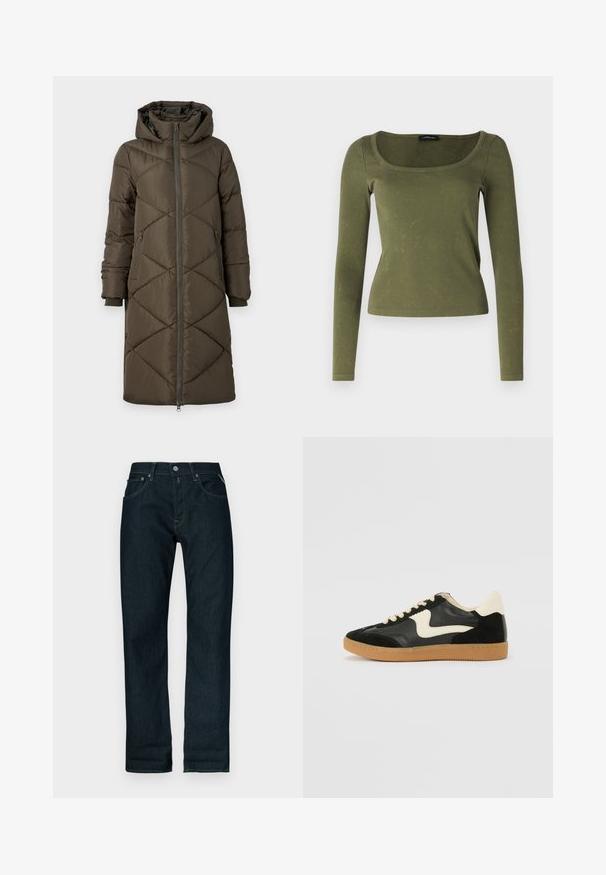 Pufferjakke i olivengrøn med hætte, lynlåslukning, to for- og to baglommer samt et quiltet diamantmønster. Stoffet ser glat og blødt ud.; Olivengrøn langærmet top lavet af ribbet stof, med firkantet udskæring og tætsiddende design. Karakteristisk tekstur med diskrete mønstre.; Mørkeblå denimjeans med lige ben, forenklet med knapper foran og lommer, vist mod en hvid baggrund.; Sorte ruskinds- og lædersneakers med en cremefarvet side-swoosh og lys cremefarvet hæl. Har beige snørebånd og en gummirubber-sål.
