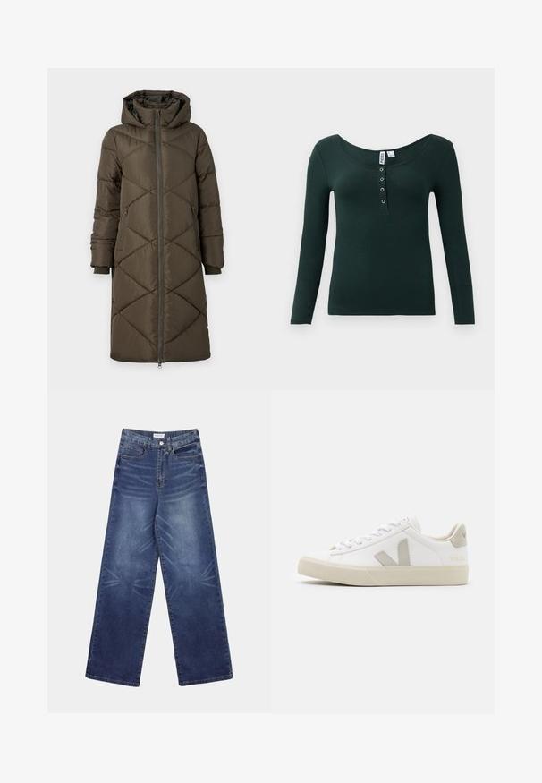 Doudoune en vert olive, avec capuche, fermeture éclaire, deux poches avant et un motif en losanges matelassé. Le tissu semble lisse et doux.; Chemise à manches longues côtelée vert foncé avec un décolleté en scoop et quatre boutons-pression en métal sur le rabat avant.; Jean en denim à jambes larges de couleur bleu foncé, doté d'une taille haute, de motifs délavés prononcés à l'avant, et d'un style classique à cinq poches.; Baskets blanches en cuir avec des accents gris en forme de V, semelle en caoutchouc texturé, lacets blancs, et languette et col rembourrés.