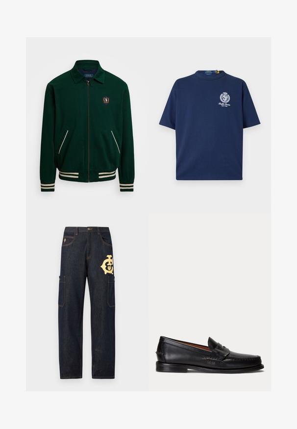 Vihreä vetoketjullinen takki, jossa on terävä kaulus, valkoiset raidat ja logo-patch vasemmalla rinnassa. Sisältää kaksi etutaskua.; Laivastonsininen Ralph Lauren -t-paita lyhyillä hihoilla ja vasemmassa rinnassa valkoinen vaakunalogo, jossa lukee "Ralph Lauren New York."; Tummat denimitrikoot, joissa on kultainen logo reidessä, kaksi sivutaskua ja kontrastiväriset keltaiset ompeleet saumoissa.; Musta nahkainen loafer-malli, jossa matala korko ja penny-yksityiskohta, kuvattuna sivulta vaaleanharmaalla taustalla.