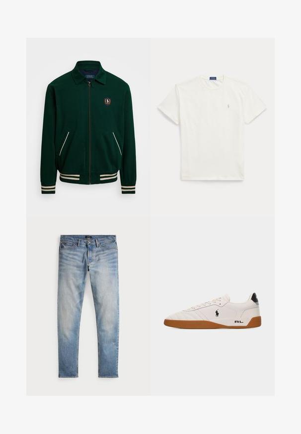 Grøn zip-up jakke med spidse krave, hvid stribe detaljer og et logo patch på venstre bryst. Har to forlommer.; Hvid kortærmet t-shirt med rund hals og lille lys beige Polo Ralph Lauren-logo på venstre bryst.; Lys blå denimjeans med en falmet finish, fem-lomme design og kontraststing. Har lynlås og bæltesløjfer. Lige pasform.; Hvid lav sneakers med brun gummisål, sort Polo Ralph Lauren-logo på siden og "RL" tekst på hælområdet.