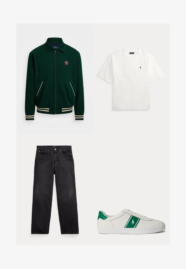 Chaqueta verde con cremallera y cuello puntiagudo, acentos de franjas blancas y un parche de logo en el lado izquierdo del pecho. Cuenta con dos bolsillos frontales.; Camiseta blanca de manga corta con cuello redondo y pequeño logo negro del caballo Polo Ralph Lauren en el pecho izquierdo.; Vaqueros negros de corte recto con cinco bolsillos, cierre de botón y remaches metálicos visibles en los bolsillos delanteros.; Zapatilla blanca de corte bajo con una franja verde y el logo de Polo en el lateral, lengüeta verde en el talón y cordones blancos, mostrada desde el lado izquierdo sobre un fondo liso.
