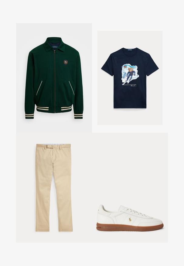 Chaqueta verde con cremallera y cuello puntiagudo, acentos de franjas blancas y un parche de logo en el lado izquierdo del pecho. Cuenta con dos bolsillos frontales.; Camiseta de algodón azul marino con un gráfico de un oso esquiando, con gafas de protección, un helicóptero arriba y montañas nevadas al fondo.; Pantalones beige de corte recto con trabillas para cinturón y cremallera frontal, colocados planos sobre un fondo blanco.; Zapatilla blanca de caña baja con suela marrón, cordones en la parte delantera y pequeño logo dorado de Polo Ralph Lauren en el lateral.