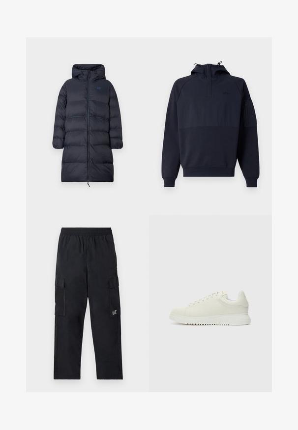 Abrigo de invierno acolchado largo en azul marino con capucha, cremallera frontal completa, puños elásticos y logo de EA7 en el pecho.; Sudadera con capucha azul marino con diseño de medio cierre, con un bolsillo estilo canguro y un bolsillo con cremallera en la manga. Confeccionada con un tejido suave y texturizado.; Pantalones cargo negros con cintura elástica, bolsillos laterales y un pequeño logo en la pierna izquierda. Fabricados con tejido ligero y suave.; Zapatilla blanca de cuero con parte superior texturizada, punta redondeada, suela blanca plana y cordones tonales. Marca sutil en la lengüeta.