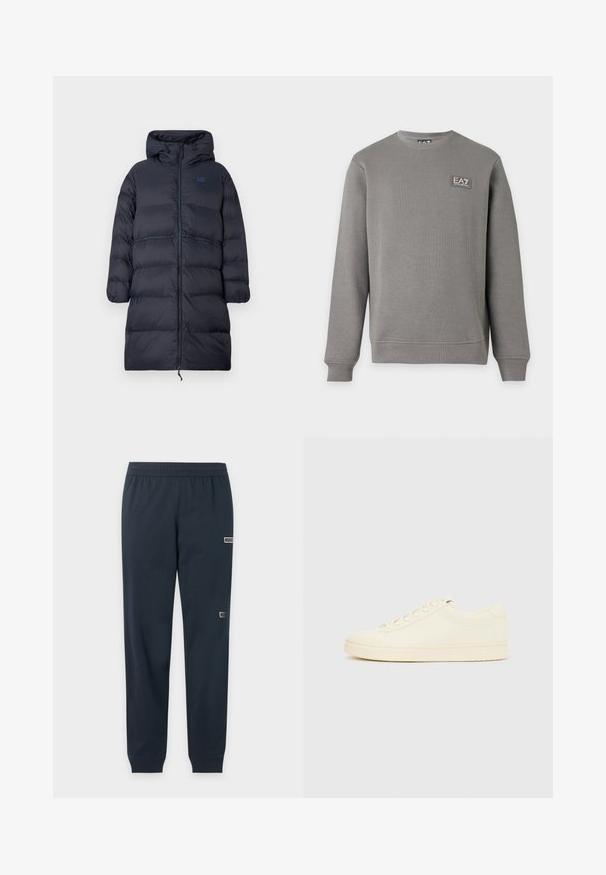 Lang marineblå polstret vinterfrakke med hætte, fuld frontlynlås, elastiske manchetter og EA7-logo på brystet.; Grå langærmet sweatshirt med rund hals, ribkanter ved ærmer og kant, med et lille EA7 Emporio Armani logo patch på øverste venstre bryst.; Mørkeblå slim-fit joggingbukser med elastisk talje og manchetter, der har to små EA7 Emporio Armani logo patches på højre ben.; Sneaker i cremefarve med en glat læderoverdel, rundet tå, snørelukning foran og en tekstureret gummisål. Minimalistisk design uden logoer.