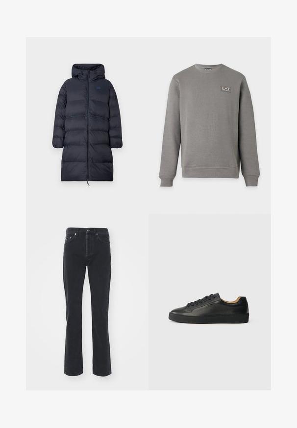 Langer navyblauer gepolsterter Wintermantel mit Kapuze, durchgehendem Reißverschluss, elastischen Bündchen und EA7-Logo auf der Brust.; Grauer Sweatshirt mit langen Ärmeln und Rundhalsausschnitt, mit gerippten Bündchen und Saum, mit einem kleinen EA7 Emporio Armani Logo-Patch auf der oberen linken Brust.; Schwarze Jeans aus Denim mit geradem Bein, ausgestattet mit fünf Taschen und einem Knopfverschluss. Der Stoff hat eine subtile Textur und eine robuste Verarbeitung.; Schwarze, niedrig geschnittene Ledersneaker mit strukturierter Oberfläche, schwarzen Schnürsenkeln und dicker Gummisohle, seitlich auf einem hellen Hintergrund dargestellt.