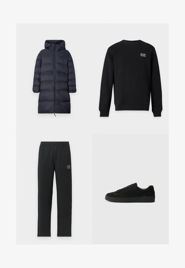 Lang marineblå polstret vinterfrakke med hætte, fuld frontlynlås, elastiske manchetter og EA7-logo på brystet.; Sort langærmet sweatshirt med rund hals og lille hvid EA7 Emporio Armani-logo på øverste venstre bryst.; Sorte sweatpants med lige ben, elastisk talje og sort logo-patch på venstre lår.; Sort semsket sneakers med en flad, tekstureret sål, rund tå, seks snørrehuller og et minimalistisk design.