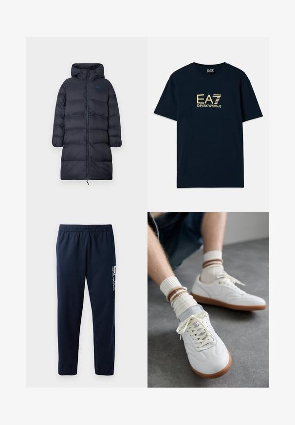 Langer navyblauer gepolsterter Wintermantel mit Kapuze, durchgehendem Reißverschluss, elastischen Bündchen und EA7-Logo auf der Brust.; Navyblaue Baumwoll-T-Shirt mit einem goldenen Logo-Druck "EA7 EMPORIO ARMANI" auf der Brust, kurzen Ärmeln und einem runden Halsausschnitt.; Marineblaues Sweatpants mit elastischem Bund, zulaufenden Beinen und einem weißen Logo an der Seite. Glattes Gewebe mit leichter Textur.; Weiße Ledersneaker mit glatter Textur, grauen Wildlederelementen, beigen Gummisohlen und flachen Schnürsenkeln. Kombiniert mit cremefarbenen und braun gestreiften Socken.