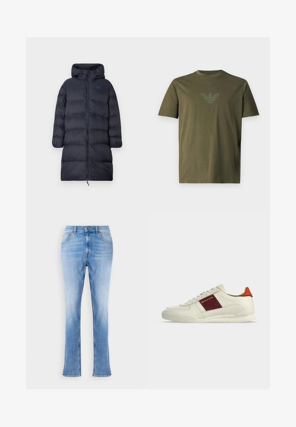 Lang marineblå polstret vinterfrakke med hætte, fuld frontlynlås, elastiske manchetter og EA7-logo på brystet.; Enkel olivengrøn t-shirt med korte ærmer, rund hals og et subtilt blankt ørnelogo centreret på brystet.; Lyseblå denim jeans med lige pasform og let flare ved anklerne. Har klassisk fem-lommers design og messingknaplukning.; Hvid lav-sko sneaker med burgundy sidepanel, guldt "PS Paul Smith" tekst, orange hælflig og tekstureret sål på en ensfarvet baggrund.