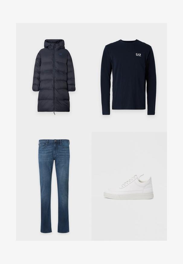 Abrigo de invierno acolchado largo en azul marino con capucha, cremallera frontal completa, puños elásticos y logo de EA7 en el pecho.; Camiseta de manga larga azul marino de algodón, con cuello redondo y un pequeño logo blanco de EA7 en el lado izquierdo del pecho. Textura suave.; Pantalones vaqueros azules de corte recto con bolsillos delanteros, trabillas para cinturón y cierre con botón, exhibidos sobre un fondo claro y liso.; Zapatilla blanca de cuero con punta redondeada, suela plana y cierre de cordones. Presenta detalles de costuras y un cuello acolchado para mayor comodidad.