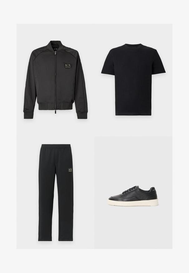 Sort bomberjakke med ribbet krave, manchetter og bund, frontlynlås og et lille Armani Exchange-logo på venstre bryst.; Sort kortærmet T-shirt med rund hals, vist fladt på en lys grå baggrund.; Sorte sweatpants med lige ben, elastisk talje og sort logo-patch på venstre lår.; Sort lædersneaker med struktureret overflade, rund tå og flad hvid gummisål. Har sorte snørebånd og branding på hælen.