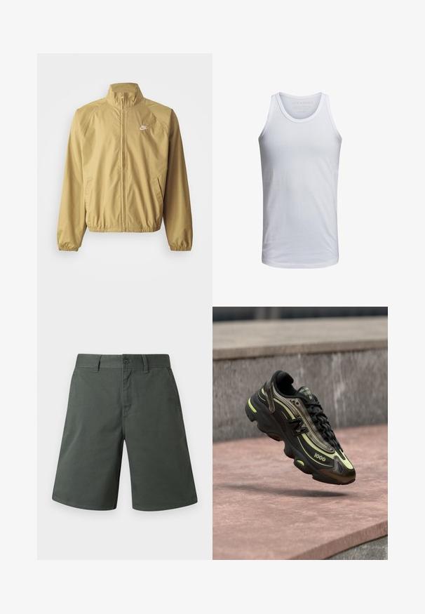Heledu tan värvi tuulepüüdja jakk, millel on tõusva kaelusega, täispikk lukku, elastsete mansettidega, küljetaskud ja väike valge logo rinnal.; Valge puuvillane tank top, millel on ümar kaelus, laiad õlapaelad ja minimaalne brändingu trükk krae sees. Pehme tekstuur, igapäevane istuvus.; Tumedrohelised lühikesed püksid, valmistatud vastupidavast puuvillasegust, millel on nööbiga sulgus, tõmblukk ja küljetaskud peente õmbluse detailidega.; Must ja kollane New Balance 1000 toss ripub roosa kivipinna kohal, taustal hall kivimüür.