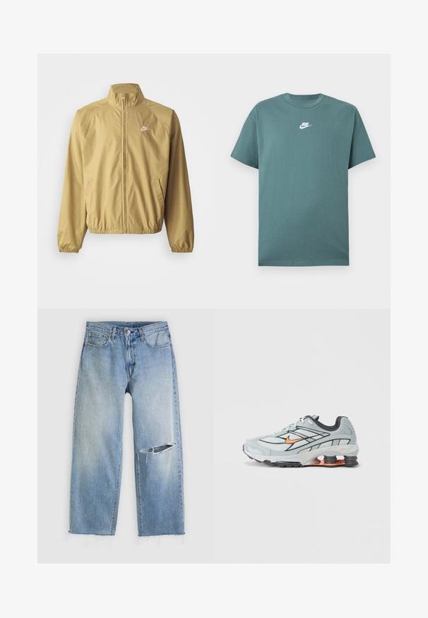 Lichtbruin windbreakerjack met een staande kraag, volledige rits, elastische manchetten, zijzakken en een klein wit logo op de borst.; Groen Nike T-shirt met korte mouwen, wit logo in het midden van de borst, ronde hals en een losse pasvorm.; Lichtblauwe jeans met rechte pijpen, een grote horizontale scheur op de rechterknie en rafelige zoom, tegen een witte achtergrond.; Lichtgrijze hardloopschoen met zwarte accenten, oranje logo, bovenwerk van mesh, gevoerde kraag en rubberen zool met zichtbare schokabsorberende elementen.