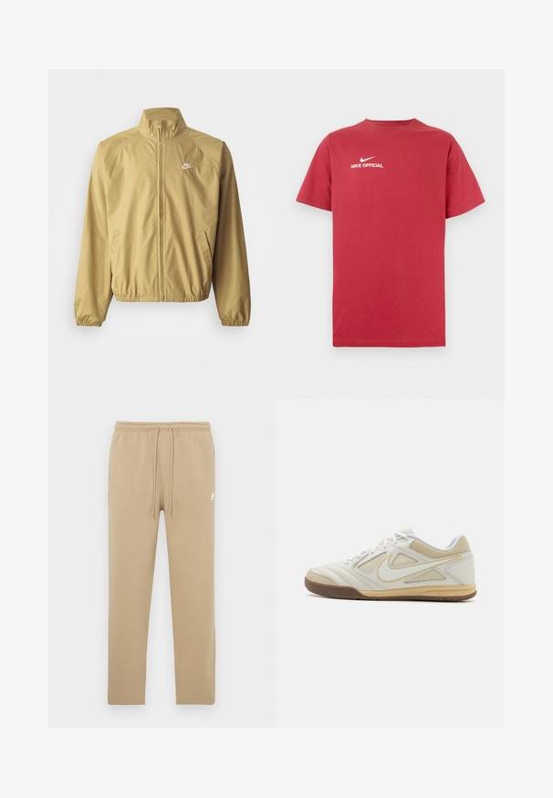 Veste coupe-vent beige clair avec col montant, fermeture éclair intégrale, poignets élastiques, poches latérales et un petit logo blanc sur la poitrine.; T-shirt en coton rouge avec col rond, arborant un logo Nike blanc et le texte "NIKE OFFICIAL" centré sur la poitrine. Manches courtes.; Pantalon de survêtement beige avec taille élastique et cordons, comportant un petit logo Nike blanc sur la partie supérieure de la cuisse gauche.; Chaussure de sport blanche avec une tige texturée, accents gris, design à lacets et semelle en caoutchouc beige. Présente un logo distinctif sur le côté.