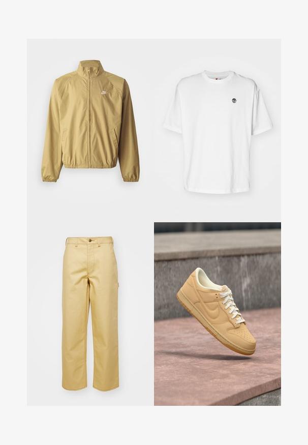 Chaqueta cortavientos beige claro con cuello alto, cremallera completa, puños elásticos, bolsillos laterales y un pequeño logotipo blanco en el pecho.; Camiseta de algodón blanca con cuello redondo, mangas cortas y un pequeño logo negro de un árbol en el lado izquierdo del pecho. Tejido suave, corte relajado.; Pantalones de algodón beige de pierna ancha con un cierre frontal de botón, lazos para cinturón y bolsillos laterales. Textura suave con detalles de costura visibles.; Zapatilla Nike baja en color beige con cordones blancos y suela de goma flotando sobre una superficie de piedra y un fondo de hormigón.