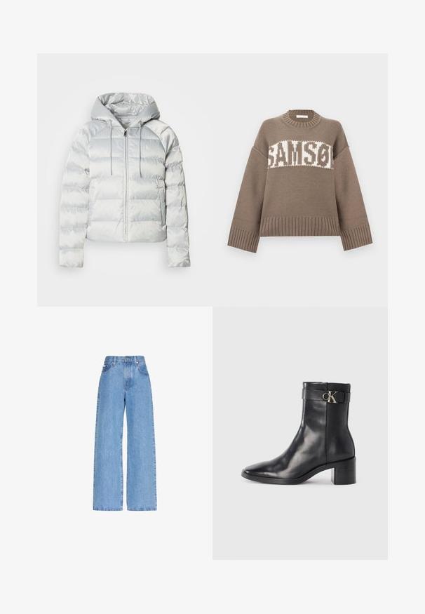 Sølv pufferjakke med hætte, lynlås foran og en quiltet design. Har snoretræk på hætten og logoaccent på brystet.; Brun strikket sweater med rund halsudskæring, faldende skuldre og ribstrikkede ærmekanter. Har hvidstribet "SAMSON" tekst tværs over fronten.; Lyseblå højtaljede jeans i denim med vide ben, frontlommer, bæltestropper og knaplukning.; Sort læder ankelstøvle med spids tå, blokhæl og en rem med en metallisk logo detalje. Glat tekstur og minimalistisk design.