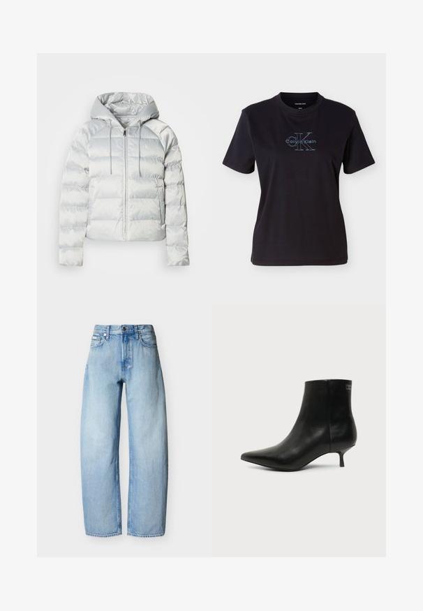 Doudoune argentée avec capuche, fermeture éclair à l'avant et design matelassé. Dispose de cordons de serrage sur la capuche et d'un accent logo sur la poitrine.; T-shirt noir en coton à manches courtes et col rond. Sur le devant, un logo Calvin Klein bleu avec un texte distinctif.; Jean en denim bleu clair à coupe droite avec cinq poches, passants pour ceinture et fermeture à bouton sur le devant.; Bottine en cuir noir avec bout pointu et petit talon kitten sur fond clair, vue côté extérieur.