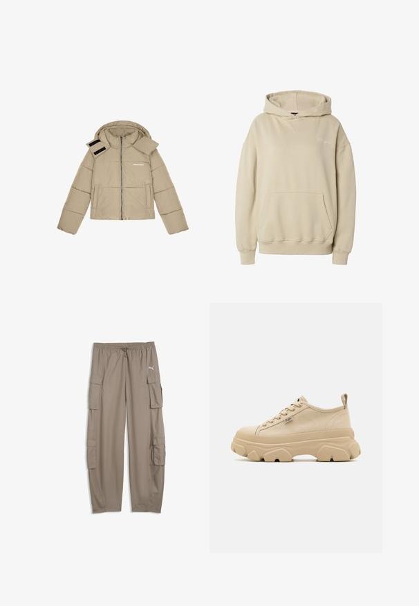 Beige Steppjacke mit Kapuze, Reißverschluss vorne, zwei seitlichen Taschen und Klettverschluss- Akzenten an der Schulter. Textlogo auf der Brust.; Beiger Kapuzenpullover mit Kängurutasche vorne, gerippten Bündchen und Saum sowie dezent gesticktem Text auf der linken Brust.; Hellbraune, locker sitzende Cargohosen mit Kordelzugbund und Klappentaschen an jedem Bein, mit einem kleinen weißen Puma-Logo auf der rechten Seite.; Beige Leinensneaker mit strukturiertem Obermaterial, dicken, klobigen Sohlen und Schnürdesign. Mit einer Zuglasche an der Ferse und einem kleinen Logodetail.