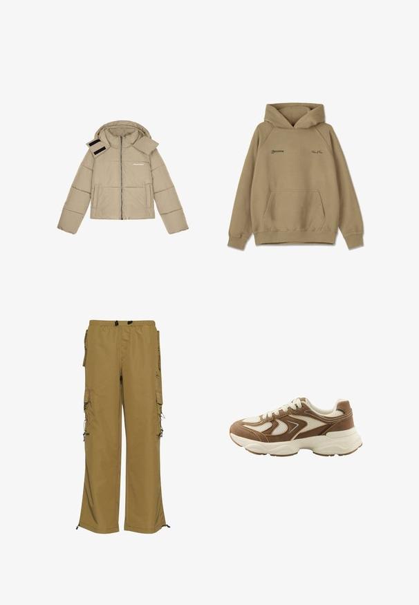 Beige pufferjack met een capuchon, ritssluiting aan de voorkant, twee zijzakken en klittenbandaccenten op de schouder. Tekstlogo op de borst.; Beige hoodie van fleece materiaal, met een voorkantzak, geribde manchet en geborduurde logo's op de borst.; Khaki cargobroek met een elastische tailleband, meerdere zijvakken en verstelbare manchetten. Gemaakt van een duurzaam materiaal met een gladde textuur.; Bruine en beige sneaker met mesh- en suèdepanelen, witte veters en dikke witte zool op een effen achtergrond.