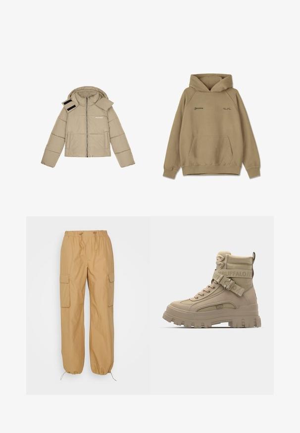 Beige duvetjakke med hætte, lynlås foran, to sidelommer og velcrobånd på skulderen. Tekstlogo på brystet.; Beige hættebluse i fleece materiale, med en frontlomme, ribbede mansjetter og broderede logoer på brystet.; b.young BYDEMETE - Cargobukser - tiger's eye; Tan højhælede støvler lavet af syntetisk materiale, der har en grov sål, teksturerede stofdetaljer og en rem med logo.